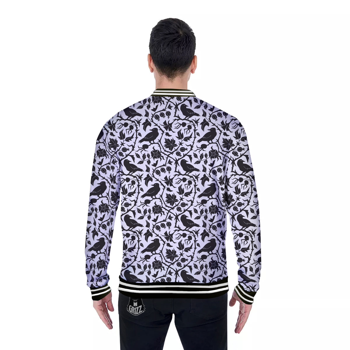 Dark Floral And Crow Print Pattern Baseball Jacket-grizzshop