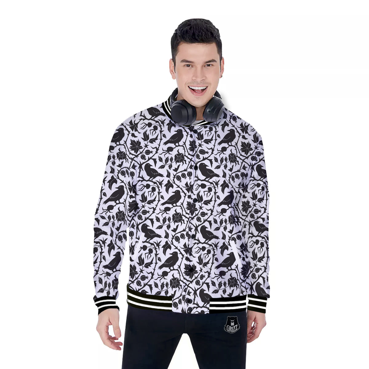 Dark Floral And Crow Print Pattern Baseball Jacket-grizzshop