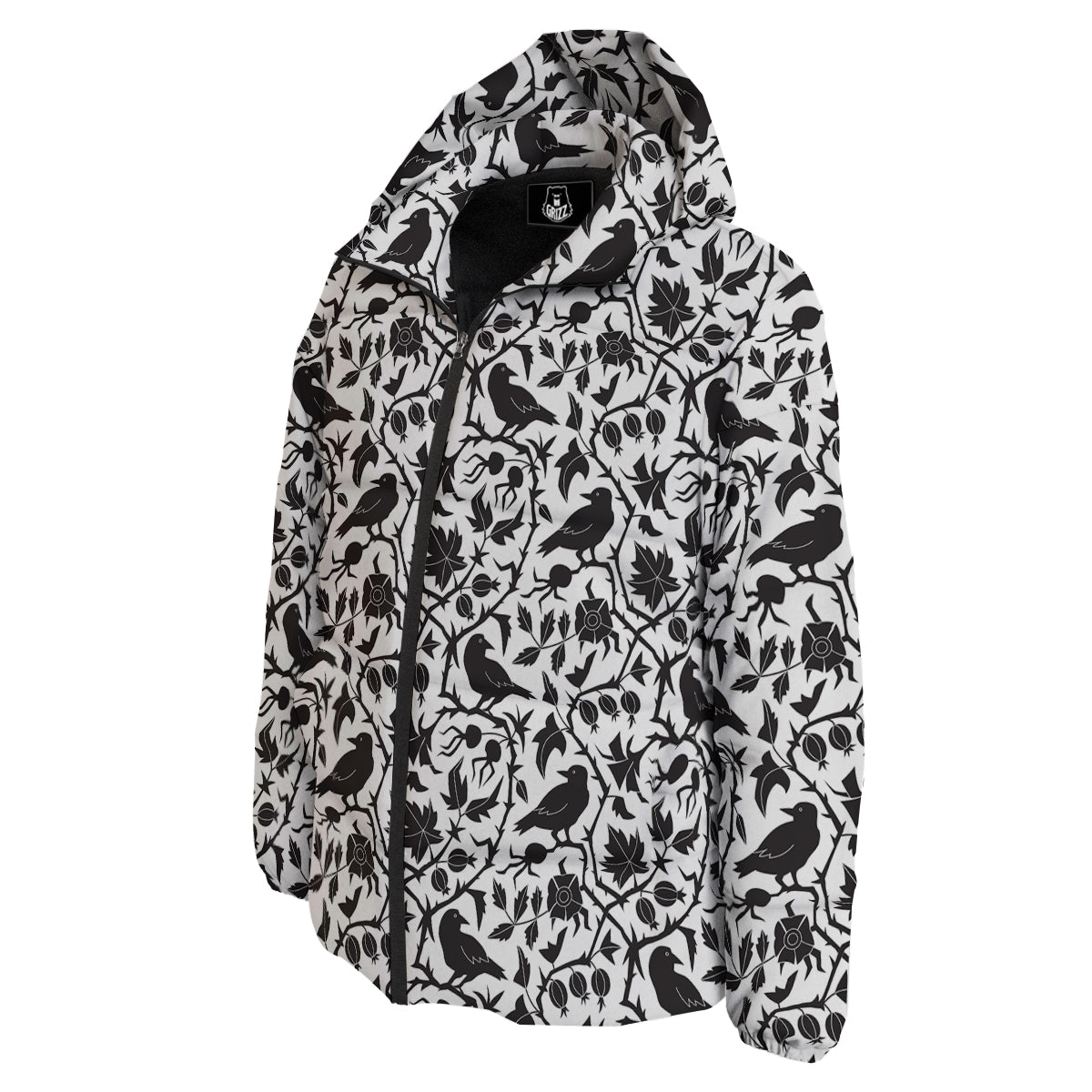 Dark Floral And Crow Print Pattern Down Jacket-grizzshop