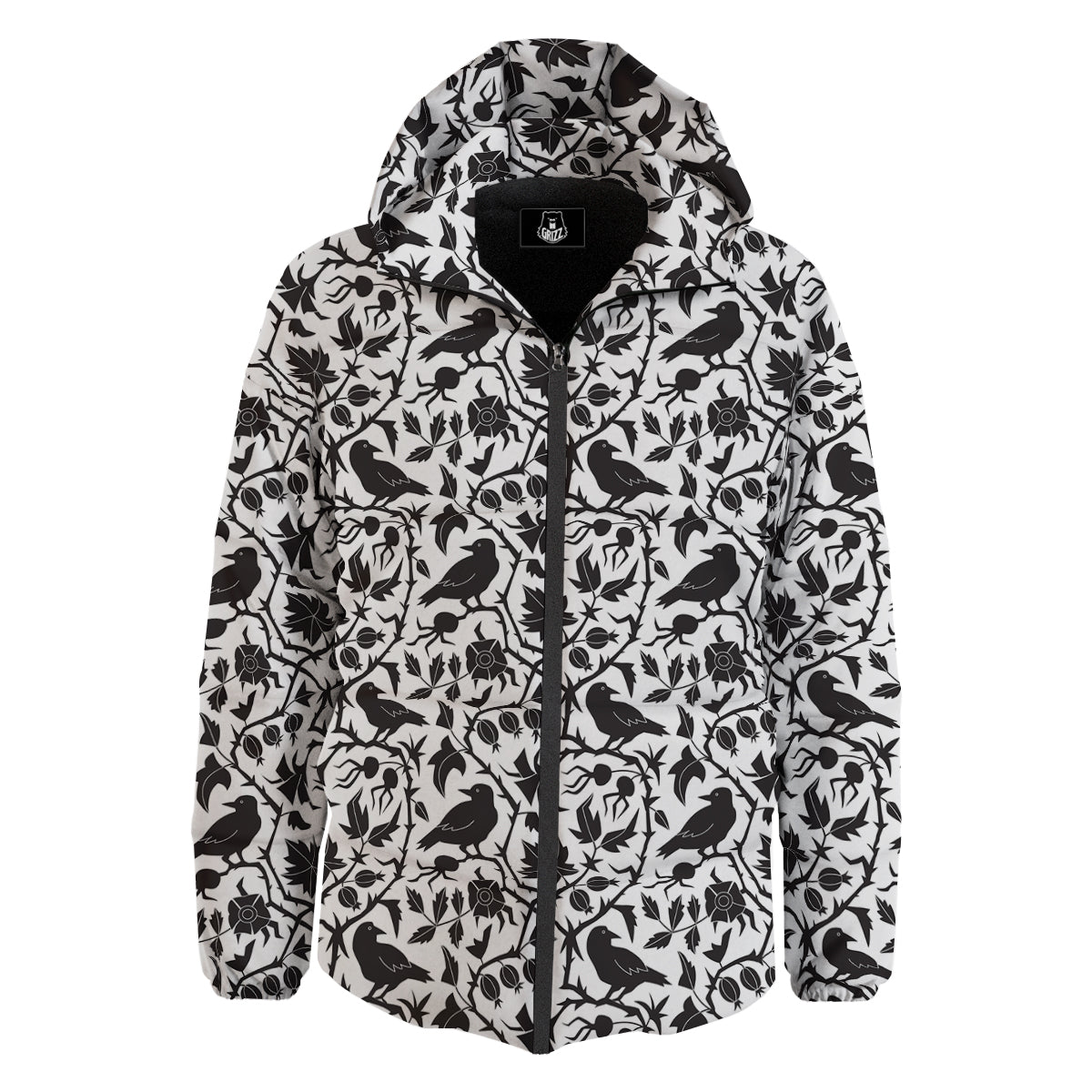 Dark Floral And Crow Print Pattern Down Jacket-grizzshop