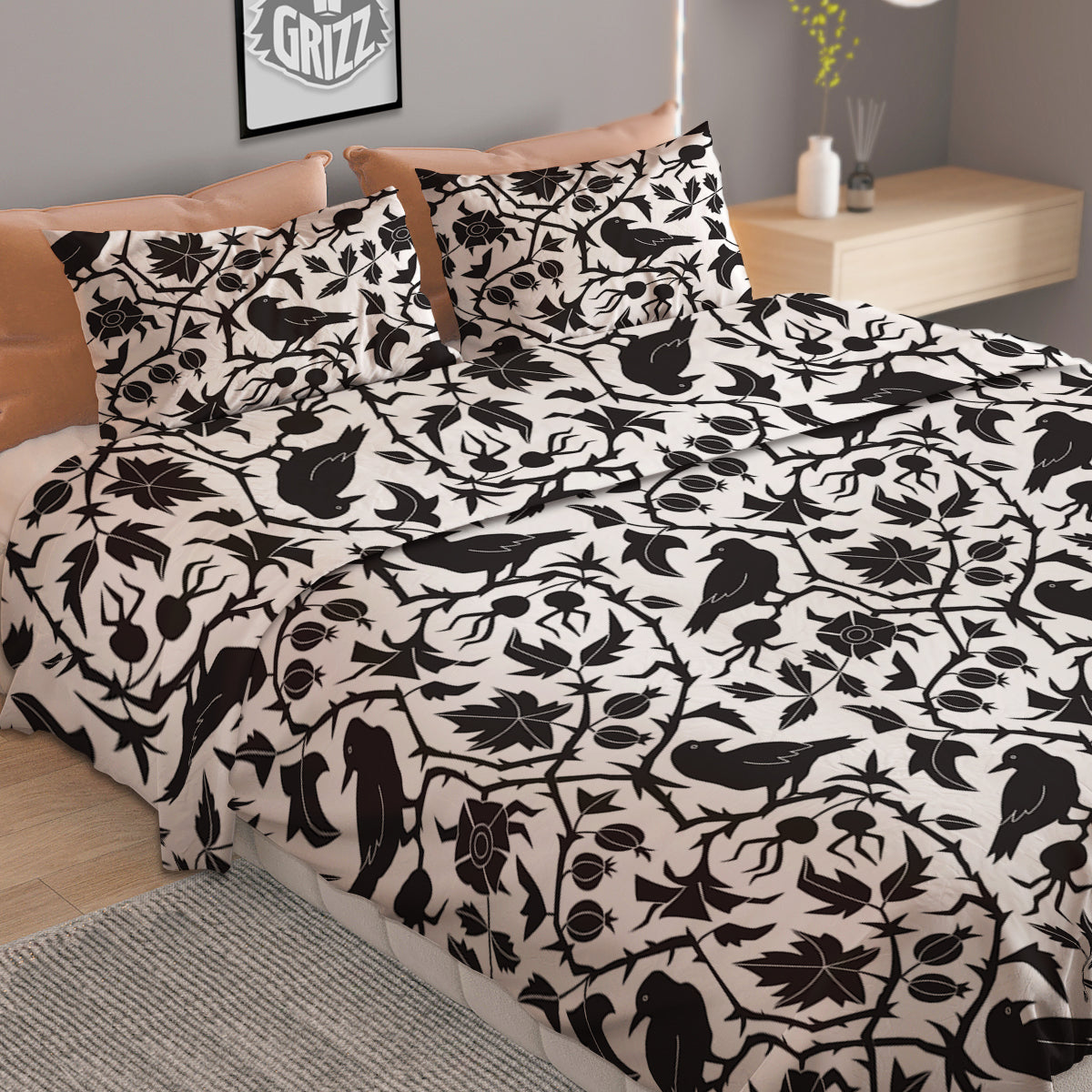 Dark Floral And Crow Print Pattern Duvet Cover Bedding Set