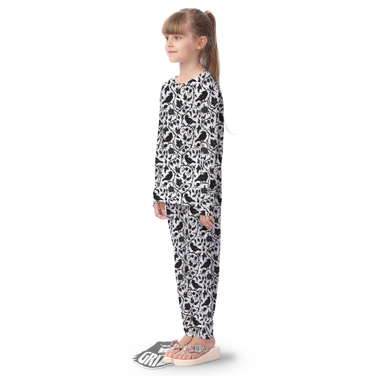 Dark Floral And Crow Print Pattern Kid's Pajamas-grizzshop