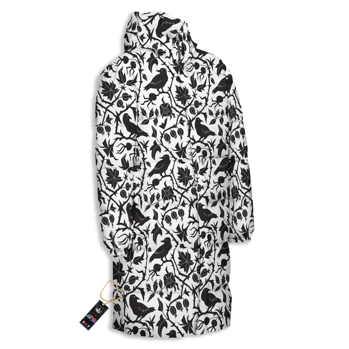 Dark Floral And Crow Print Pattern Long Down Jacket-grizzshop