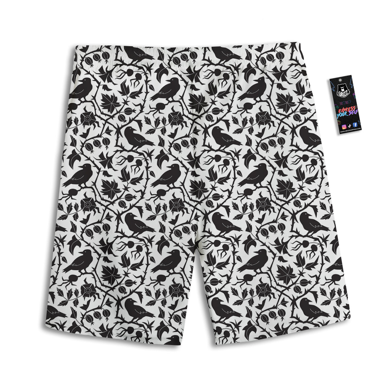 Dark Floral And Crow Print Pattern Men's Athletic Shorts