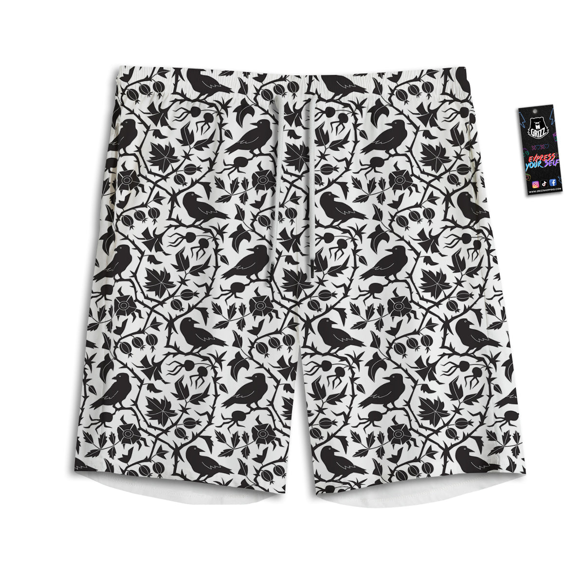 Dark Floral And Crow Print Pattern Men's Athletic Shorts