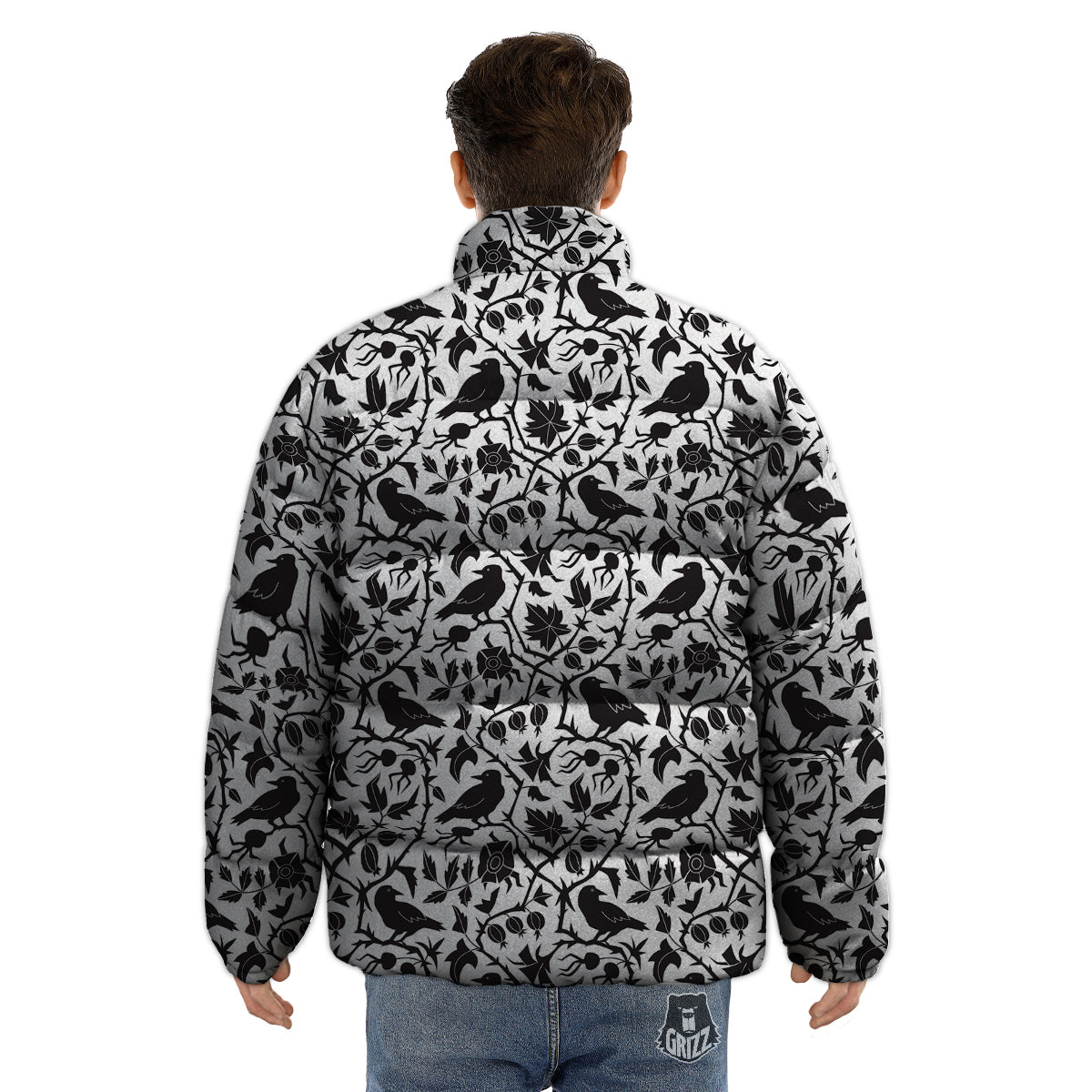 Dark Floral And Crow Print Pattern Puffer Jacket-grizzshop