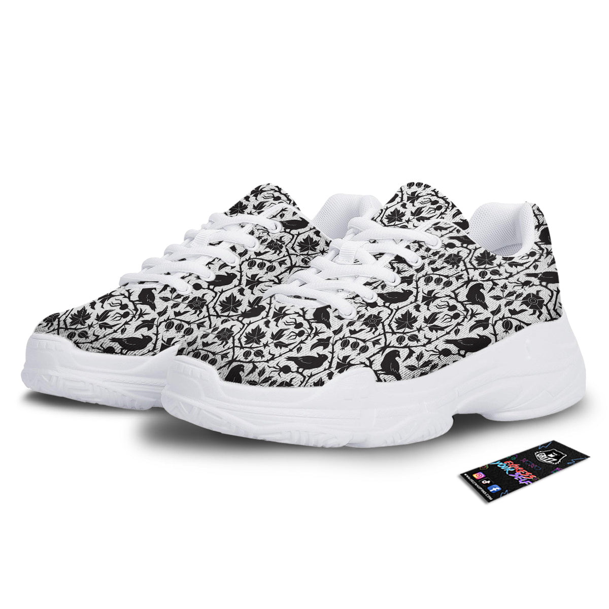 Dark Floral And Crow Print Pattern White Chunky Shoes-grizzshop