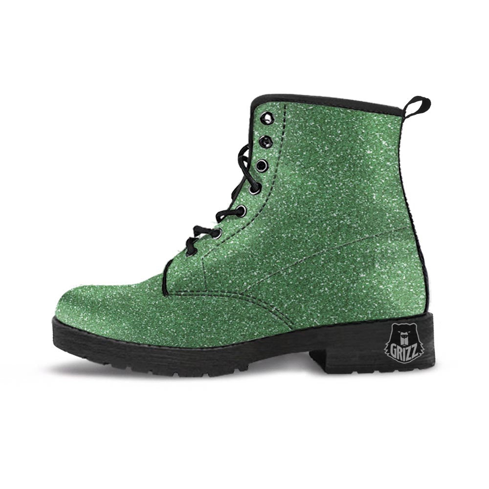 Dark Green Glitter Artwork Print Leather Boots-grizzshop