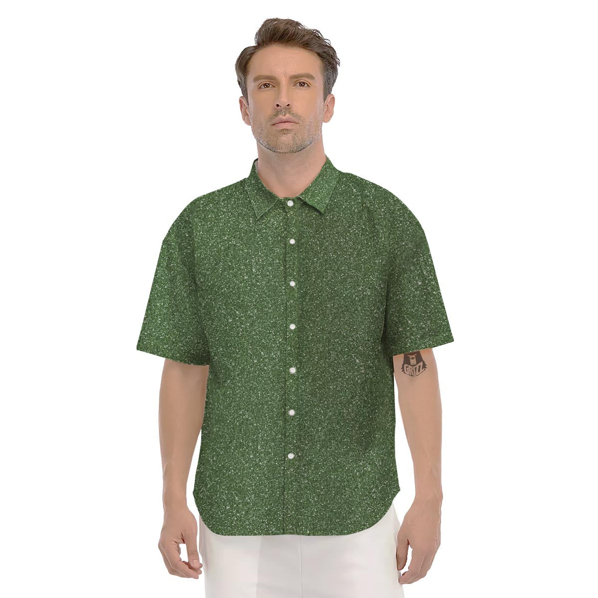 Dark Green Glitter Artwork Print Men's Short Sleeve Shirts-grizzshop