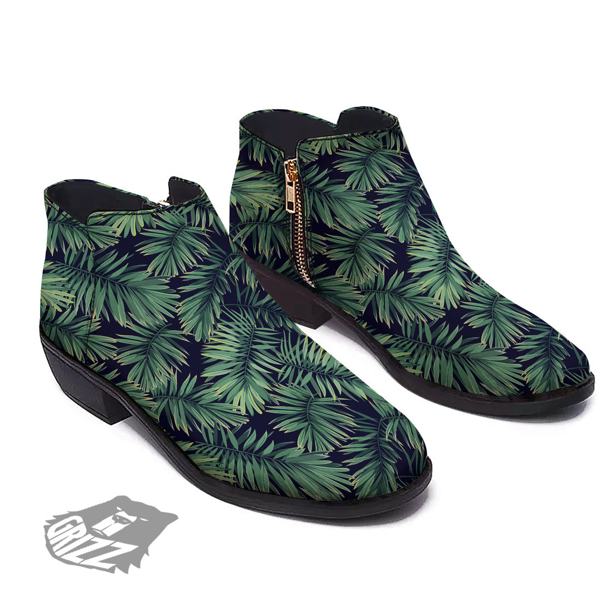 Dark Green Palm Tree Print Pattern Ankle Boots-grizzshop