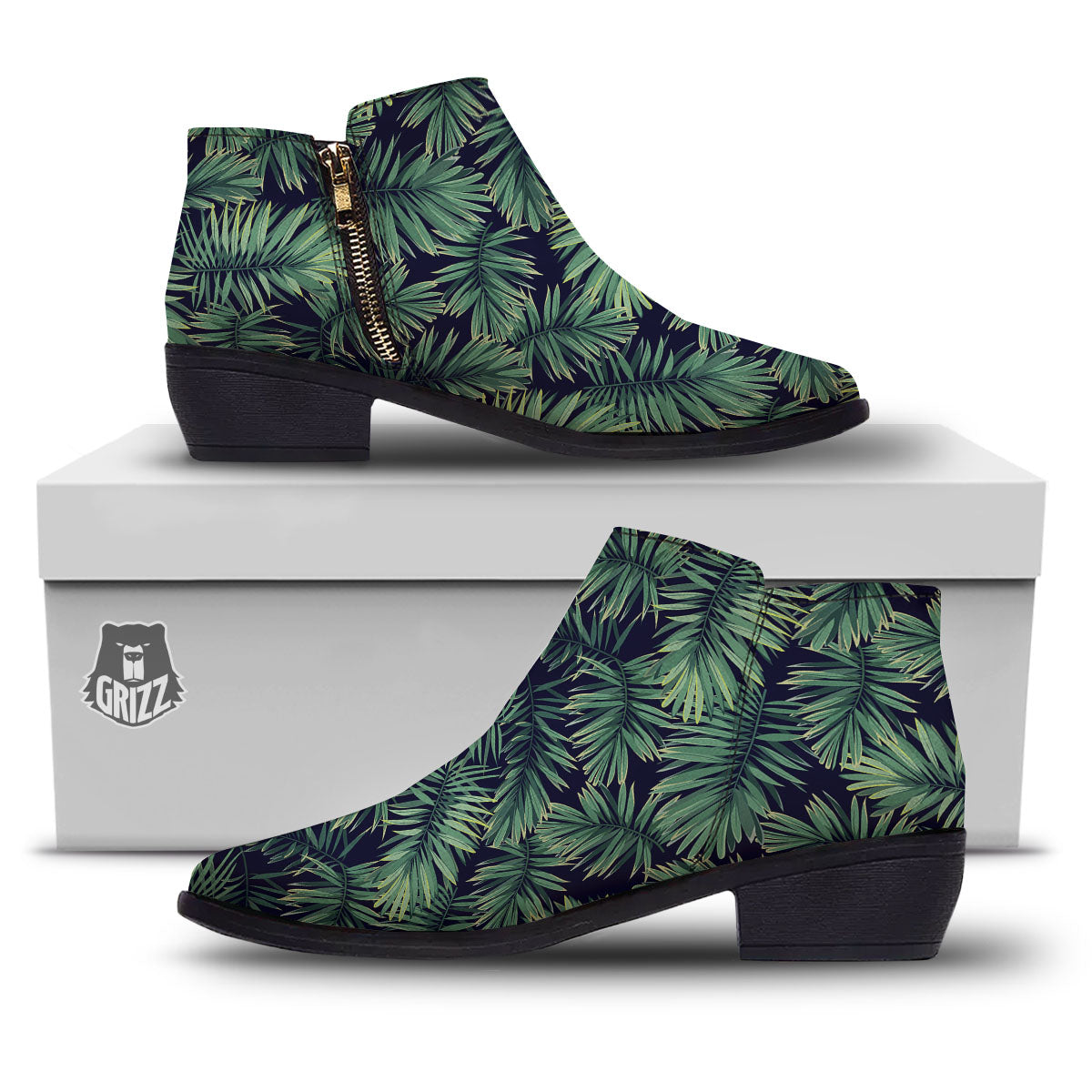 Dark Green Palm Tree Print Pattern Ankle Boots-grizzshop