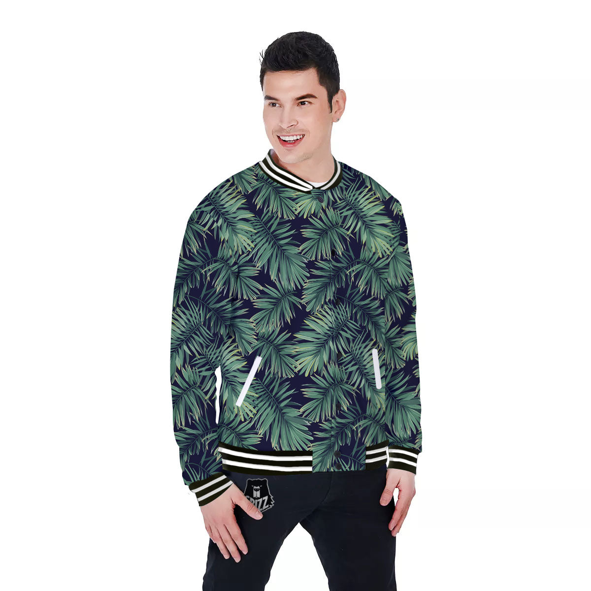 Dark Green Palm Tree Print Pattern Baseball Jacket-grizzshop