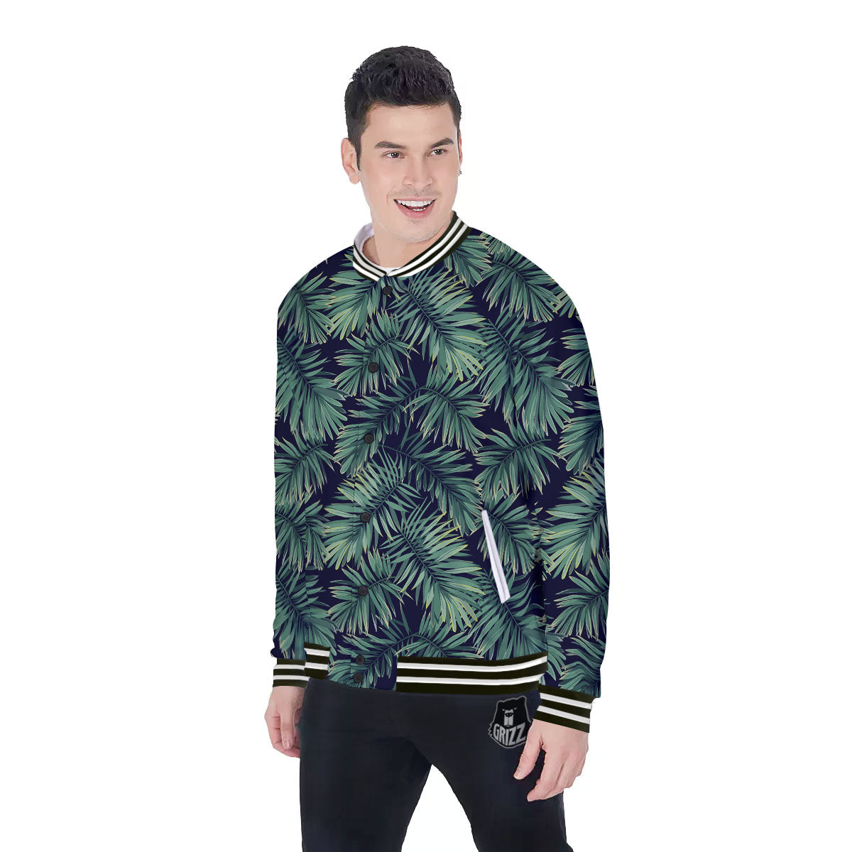 Dark Green Palm Tree Print Pattern Baseball Jacket-grizzshop
