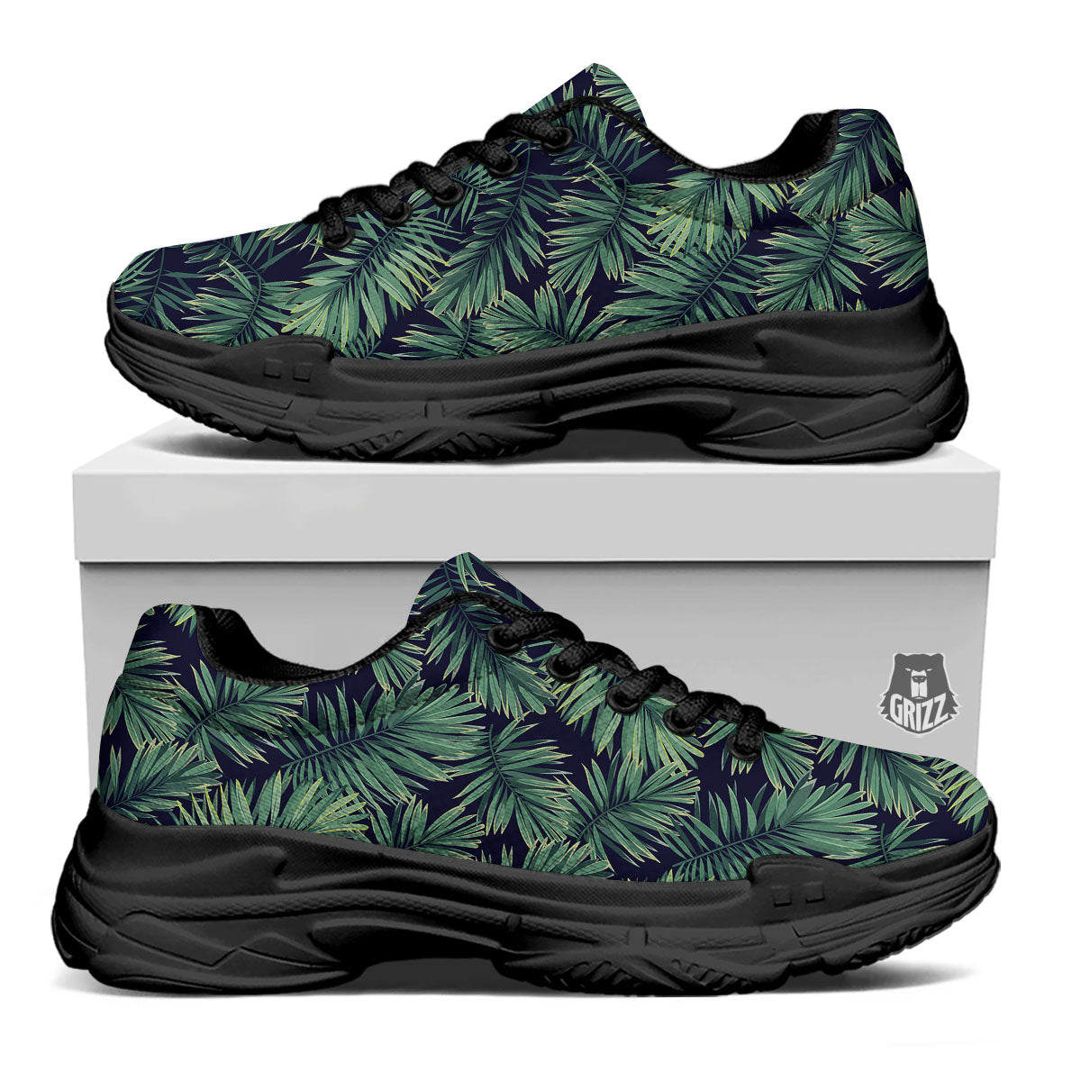 Dark Green Palm Tree Print Pattern Black Chunky Shoes-grizzshop