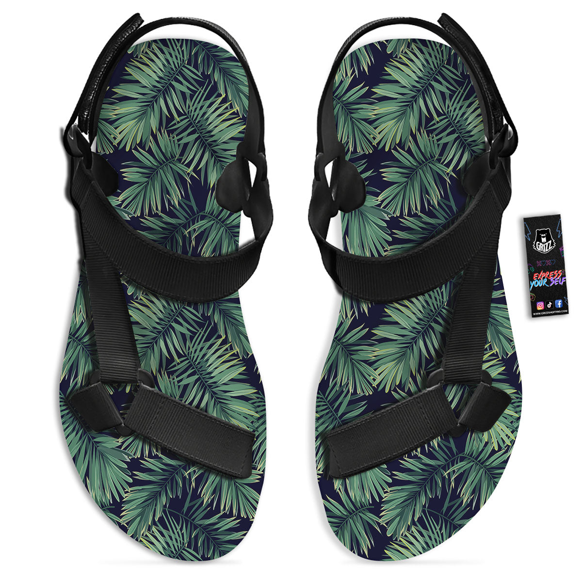 Dark Green Palm Tree Print Pattern Black Open Toe Sandals-grizzshop