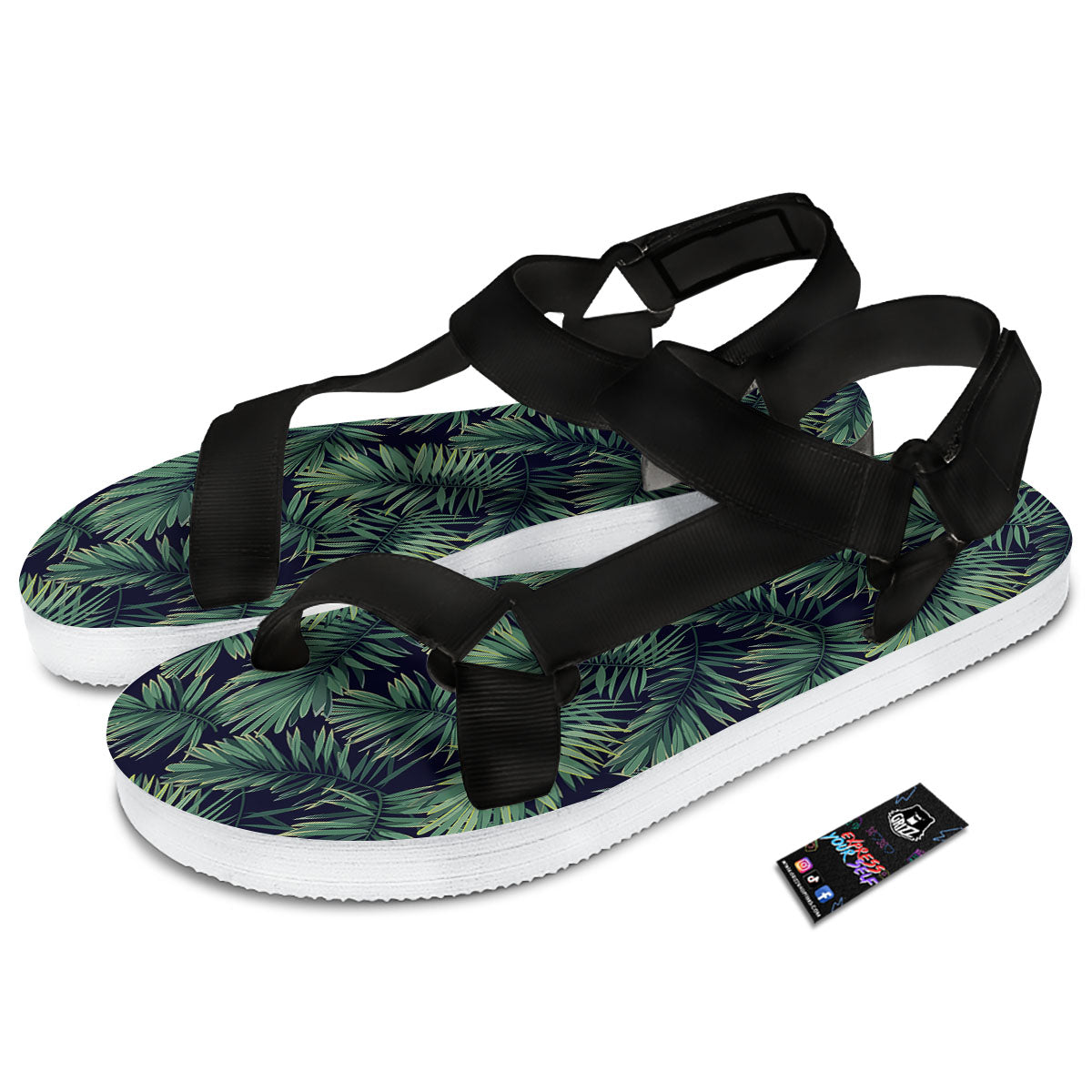 Dark Green Palm Tree Print Pattern Black Open Toe Sandals-grizzshop