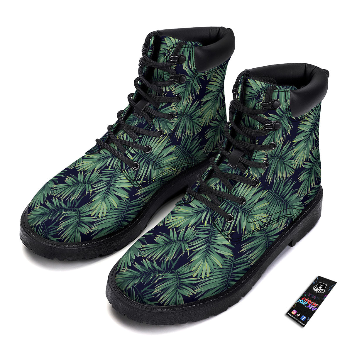 Dark Green Palm Tree Print Pattern Boots-grizzshop