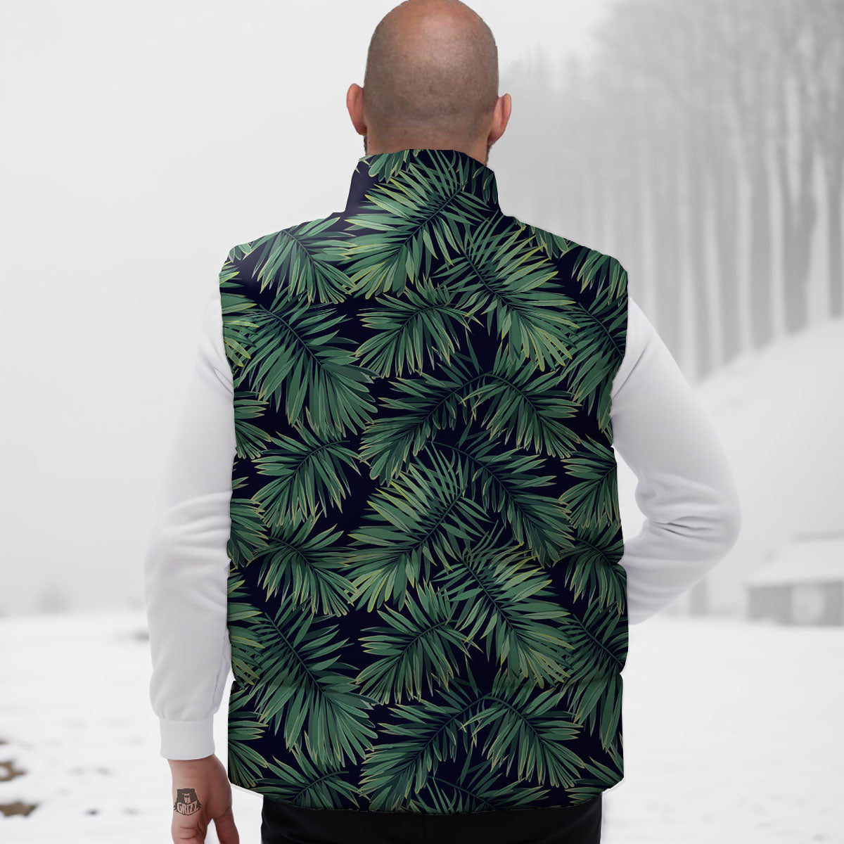 Dark Green Palm Tree Print Pattern Down Vest