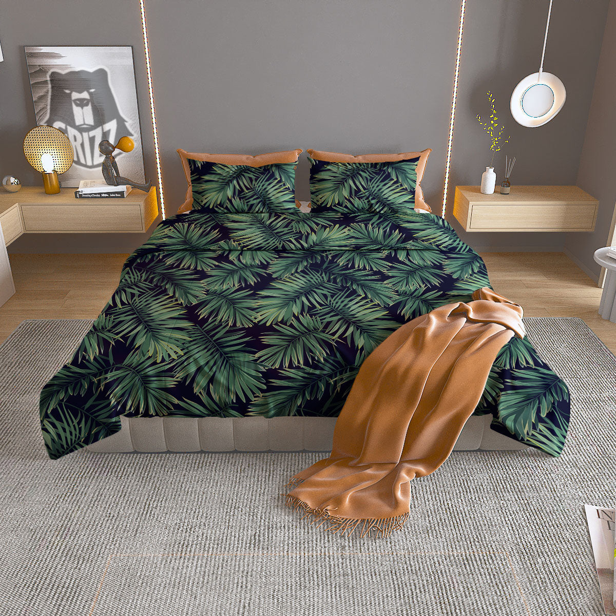 Dark Green Palm Tree Print Pattern Duvet Cover Bedding Set