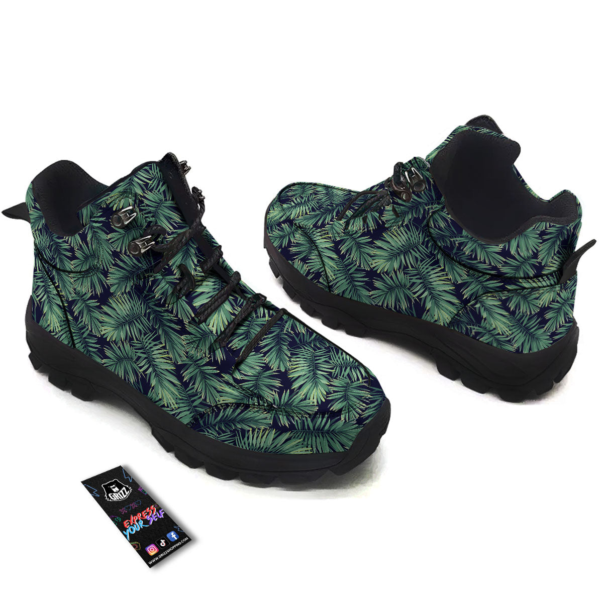 Dark Green Palm Tree Print Pattern Hiking Shoes-grizzshop