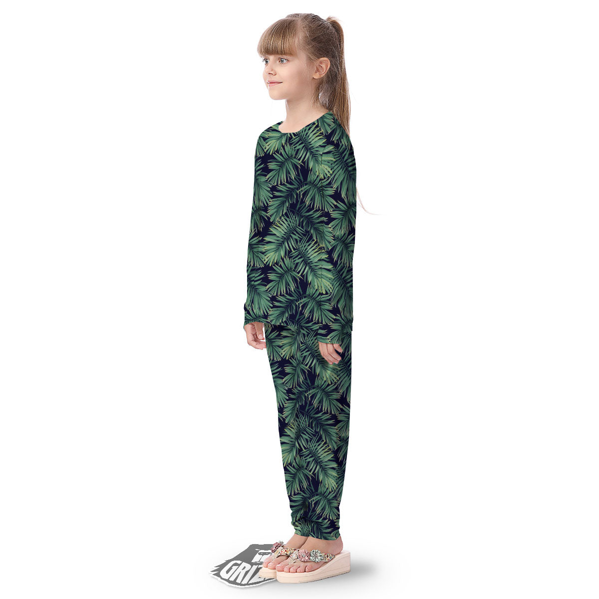 Dark Green Palm Tree Print Pattern Kid's Pajamas-grizzshop