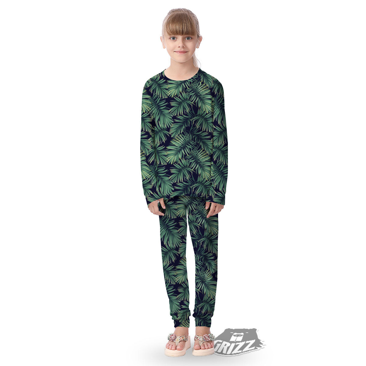 Dark Green Palm Tree Print Pattern Kid's Pajamas-grizzshop