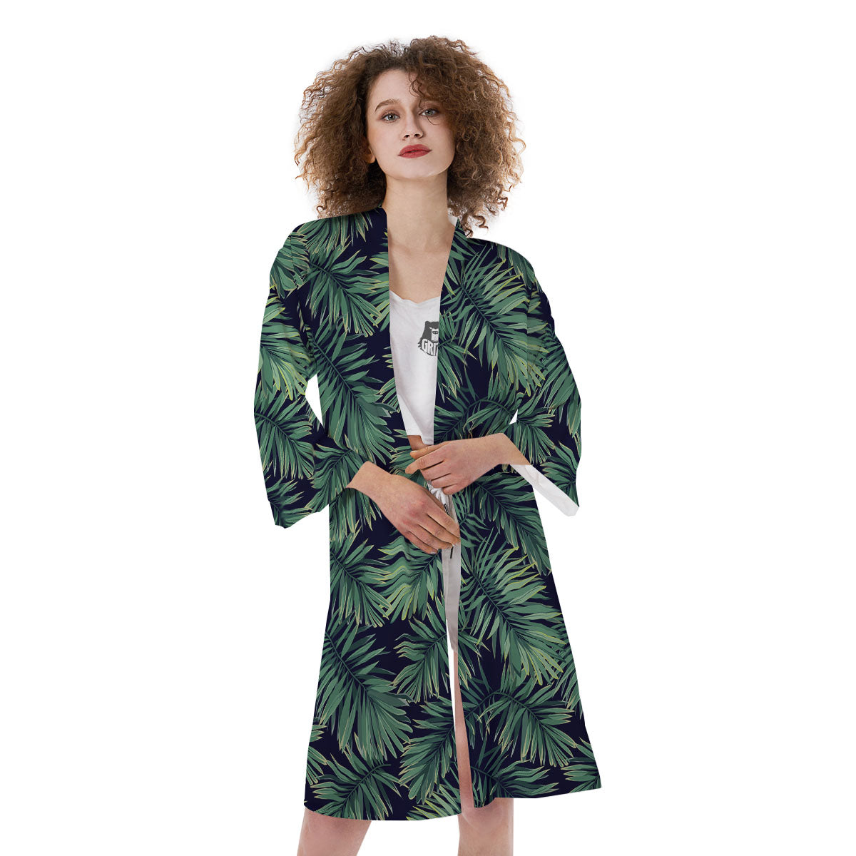 Dark Green Palm Tree Print Pattern Kimono-grizzshop