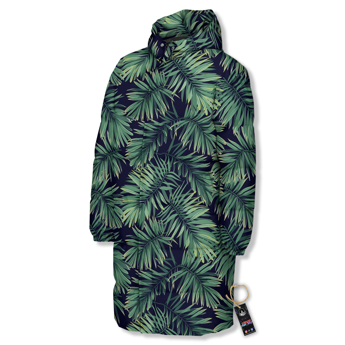 Dark Green Palm Tree Print Pattern Long Down Jacket-grizzshop