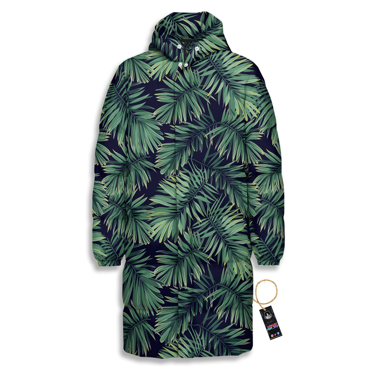 Dark Green Palm Tree Print Pattern Long Down Jacket-grizzshop