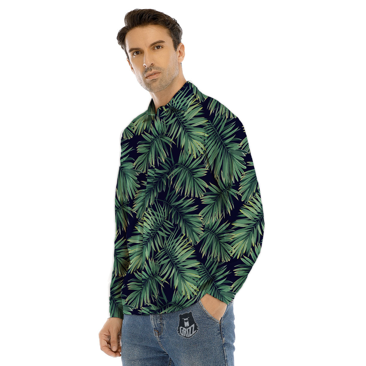 Dark Green Palm Tree Print Pattern Men's Dress Shirts-grizzshop