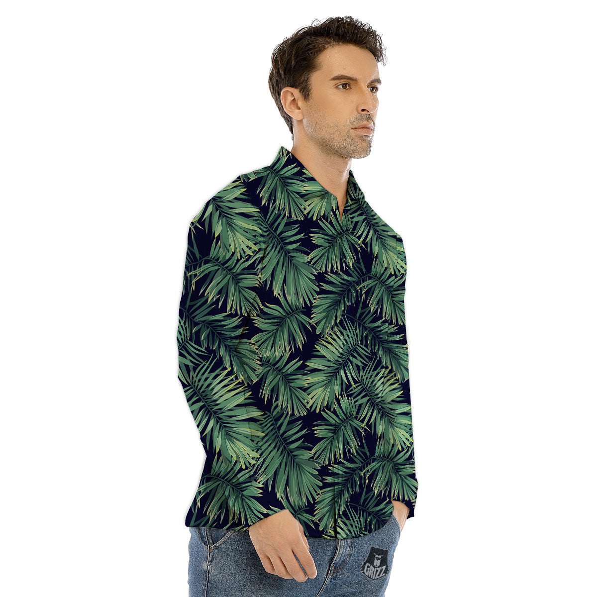 Dark Green Palm Tree Print Pattern Men's Dress Shirts-grizzshop