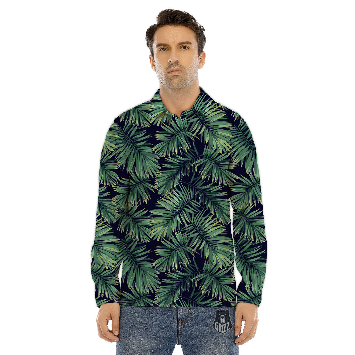 Dark Green Palm Tree Print Pattern Men's Dress Shirts-grizzshop
