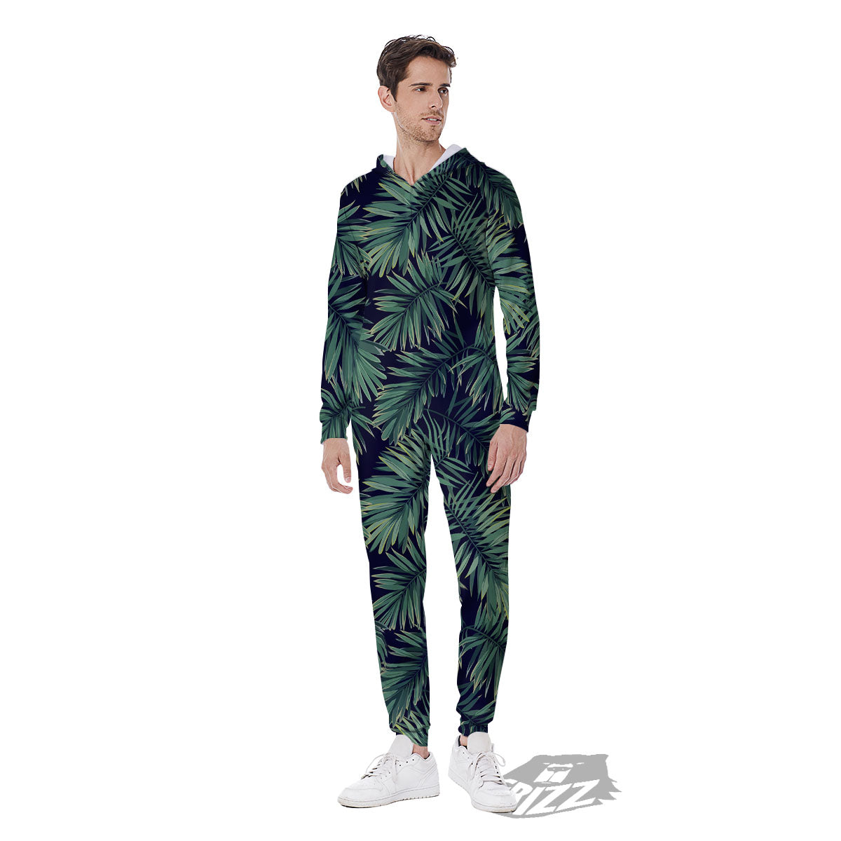 Dark Green Palm Tree Print Pattern Men's Jumpsuit-grizzshop