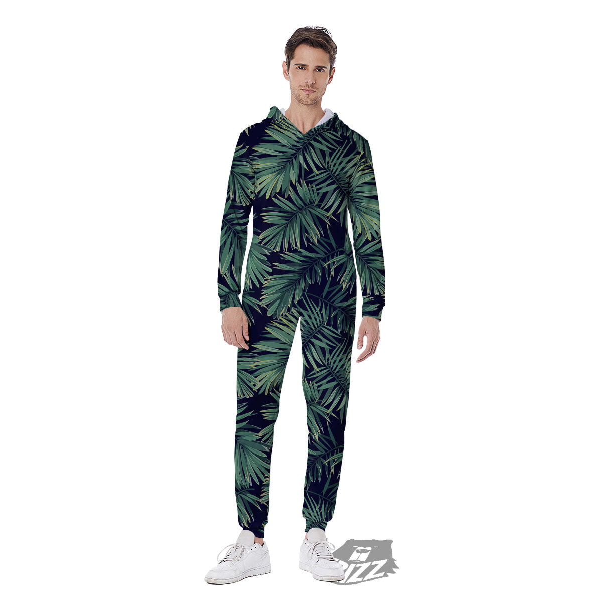 Dark Green Palm Tree Print Pattern Men's Jumpsuit-grizzshop