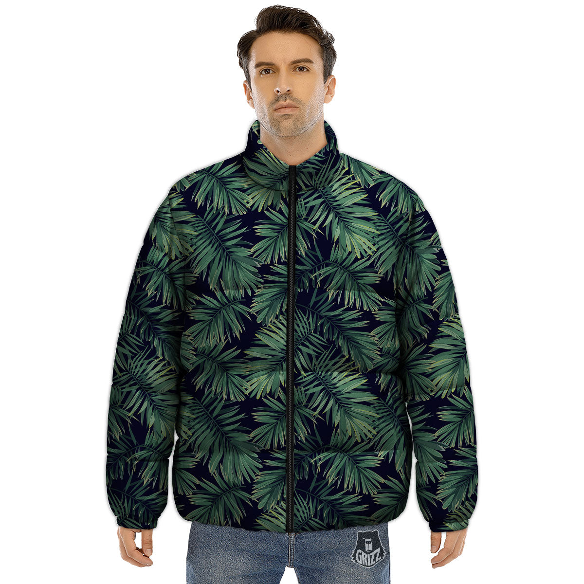 Dark Green Palm Tree Print Pattern Puffer Jacket-grizzshop
