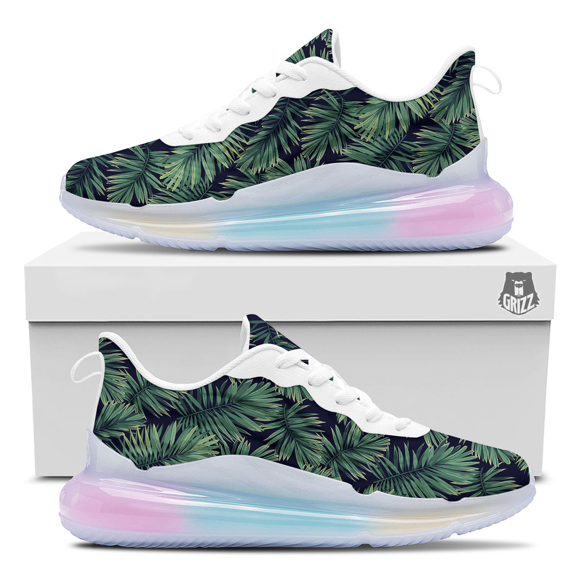 Dark Green Palm Tree Print Pattern Running Sneakers-grizzshop