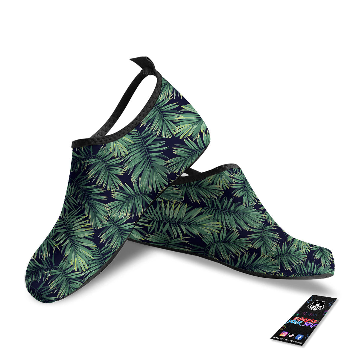 Dark Green Palm Tree Print Pattern Water Shoes-grizzshop