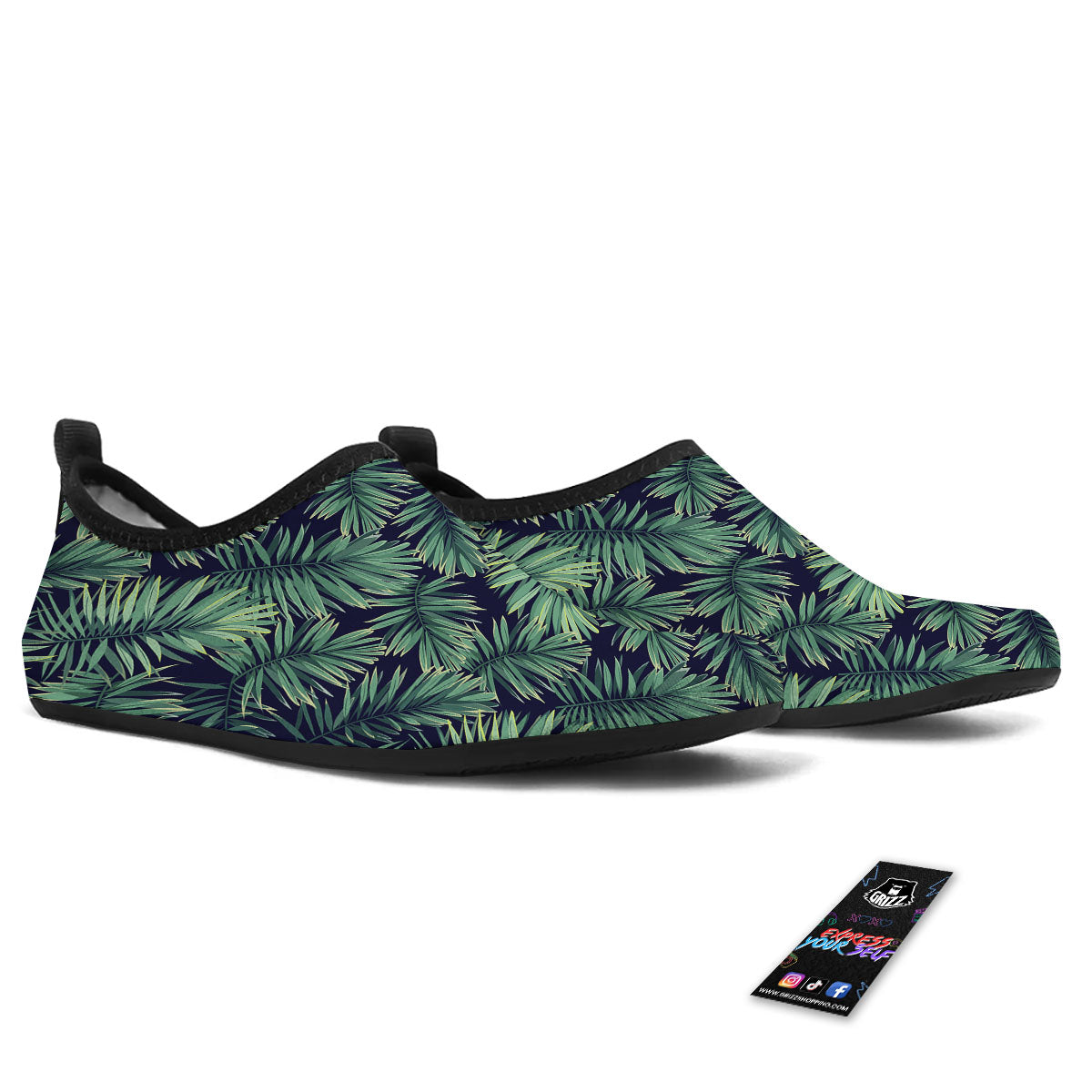 Dark Green Palm Tree Print Pattern Water Shoes-grizzshop
