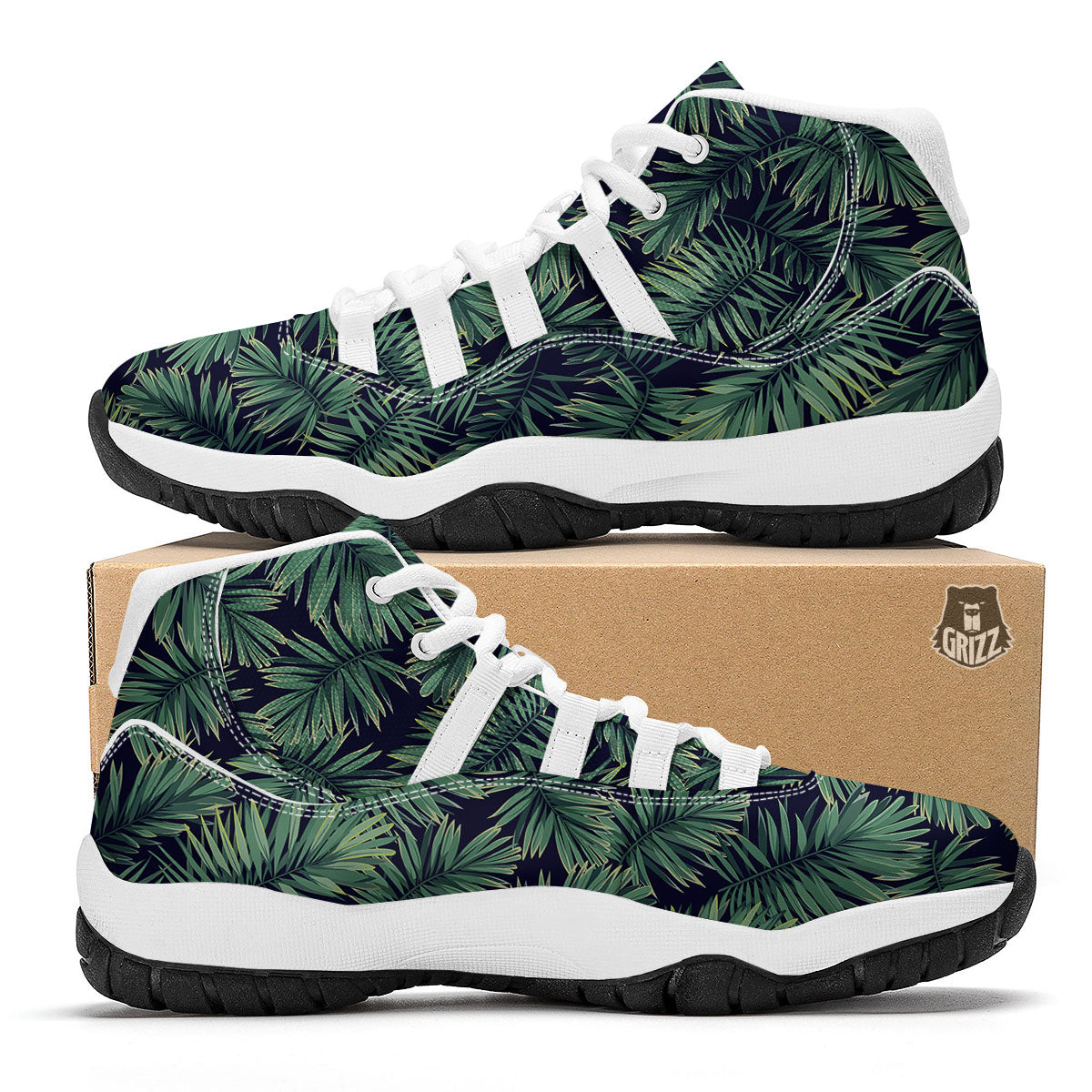 Dark Green Palm Tree Print Pattern White Bball Shoes-grizzshop