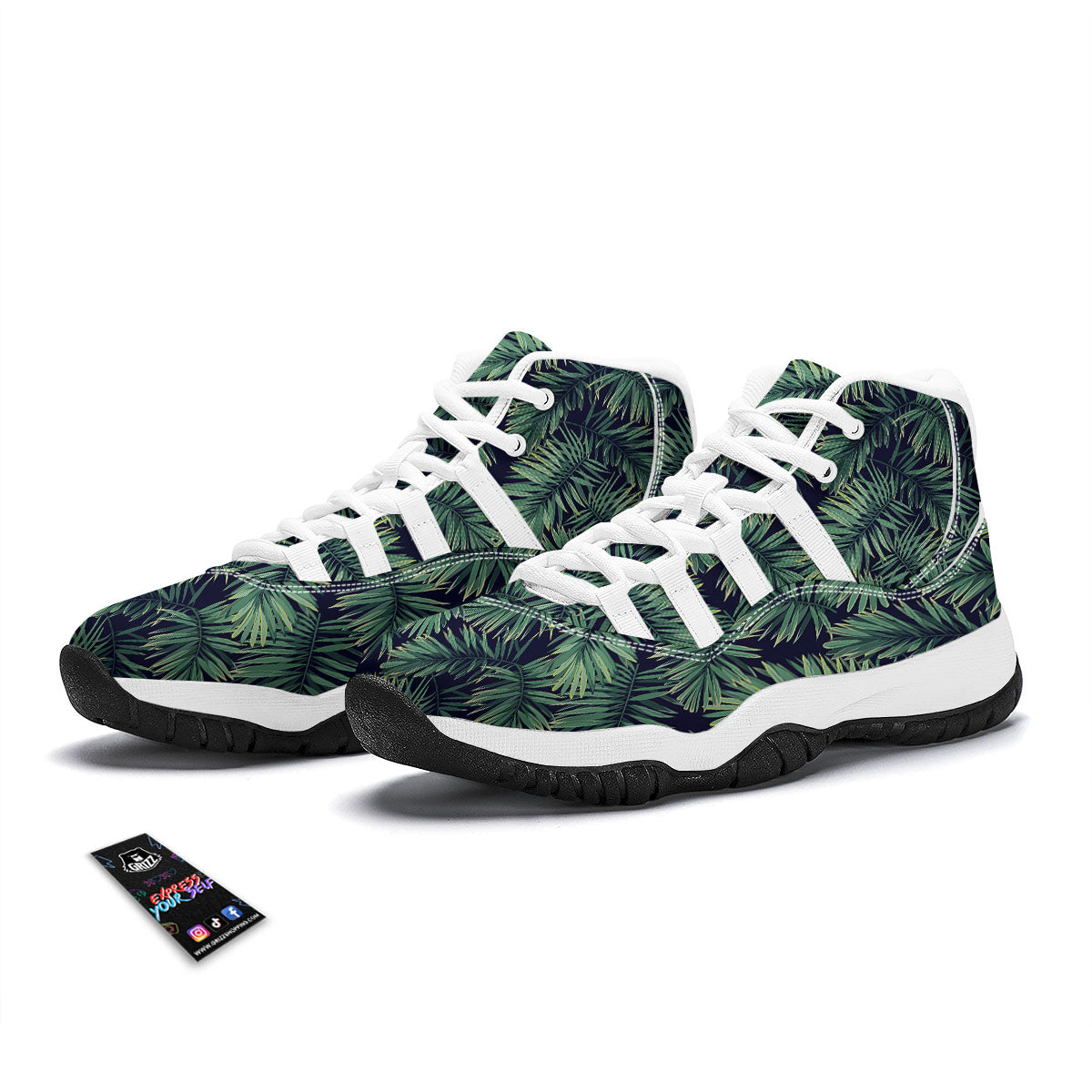 Dark Green Palm Tree Print Pattern White Bball Shoes-grizzshop