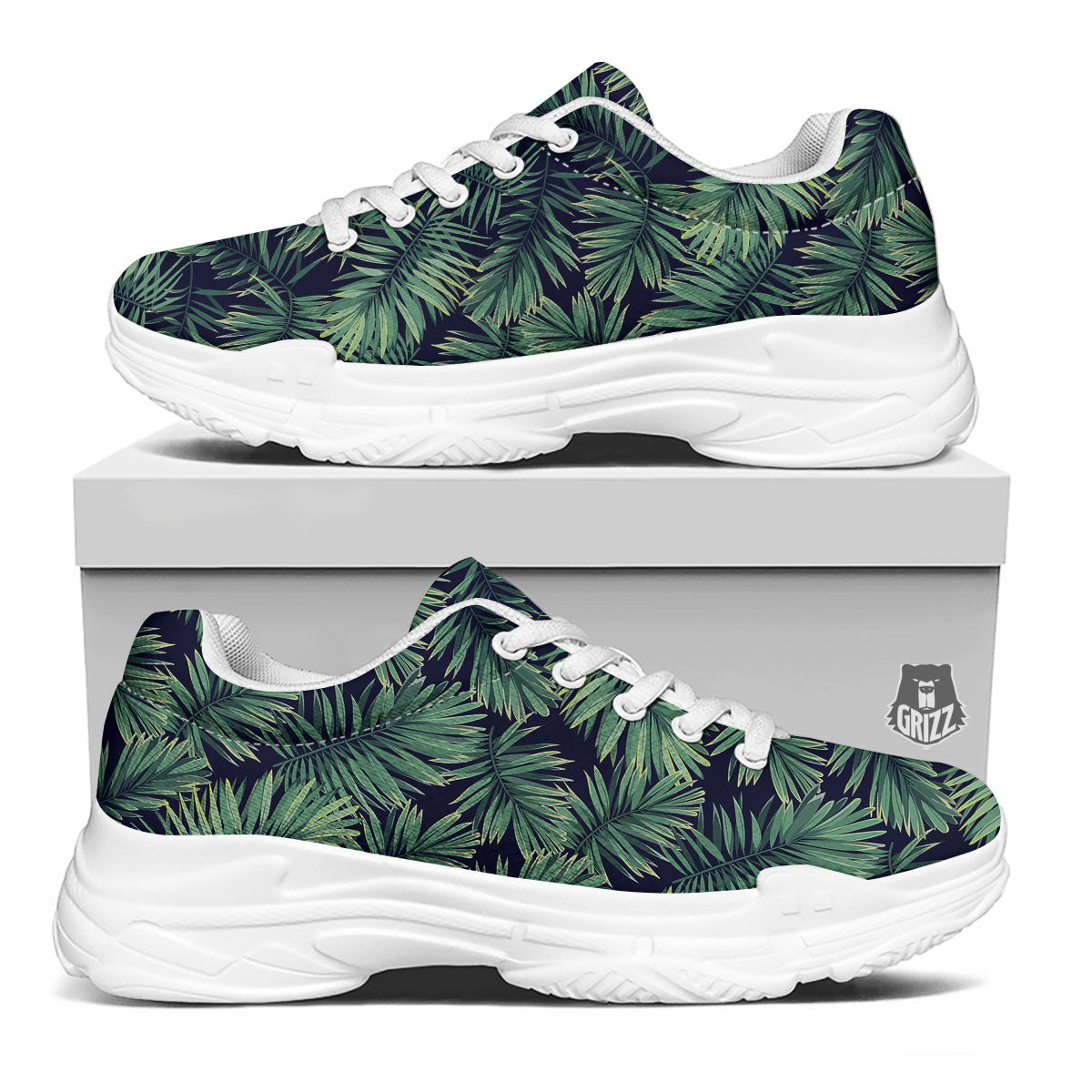 Dark Green Palm Tree Print Pattern White Chunky Shoes-grizzshop