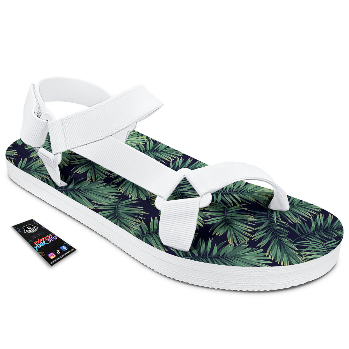 Dark Green Palm Tree Print Pattern White Open Toe Sandals-grizzshop