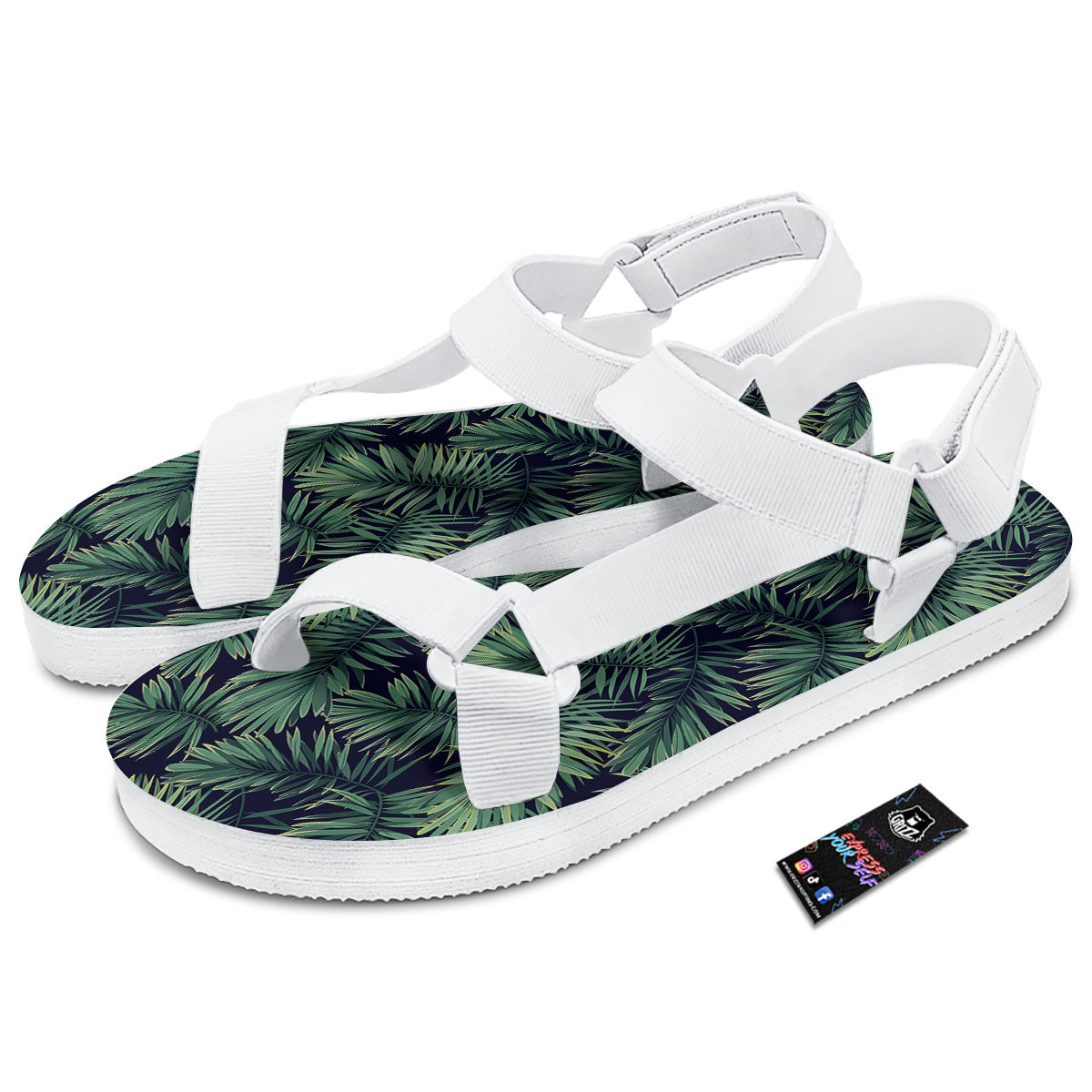 Dark Green Palm Tree Print Pattern White Open Toe Sandals-grizzshop
