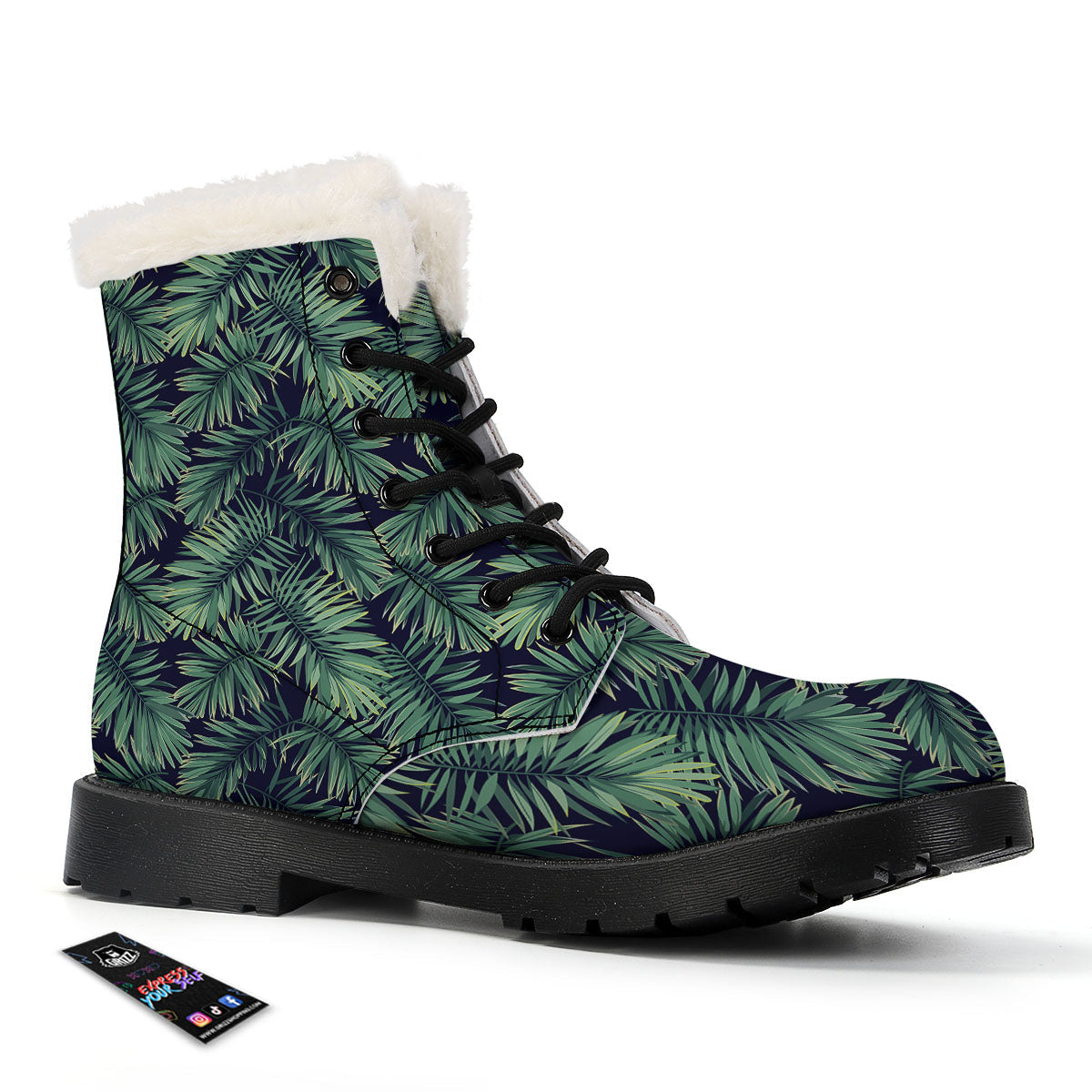 Dark Green Palm Tree Print Pattern Winter Boots-grizzshop