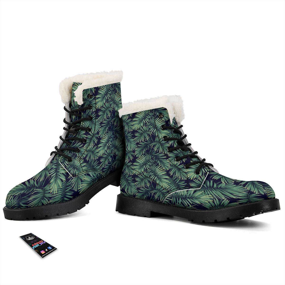 Dark Green Palm Tree Print Pattern Winter Boots-grizzshop
