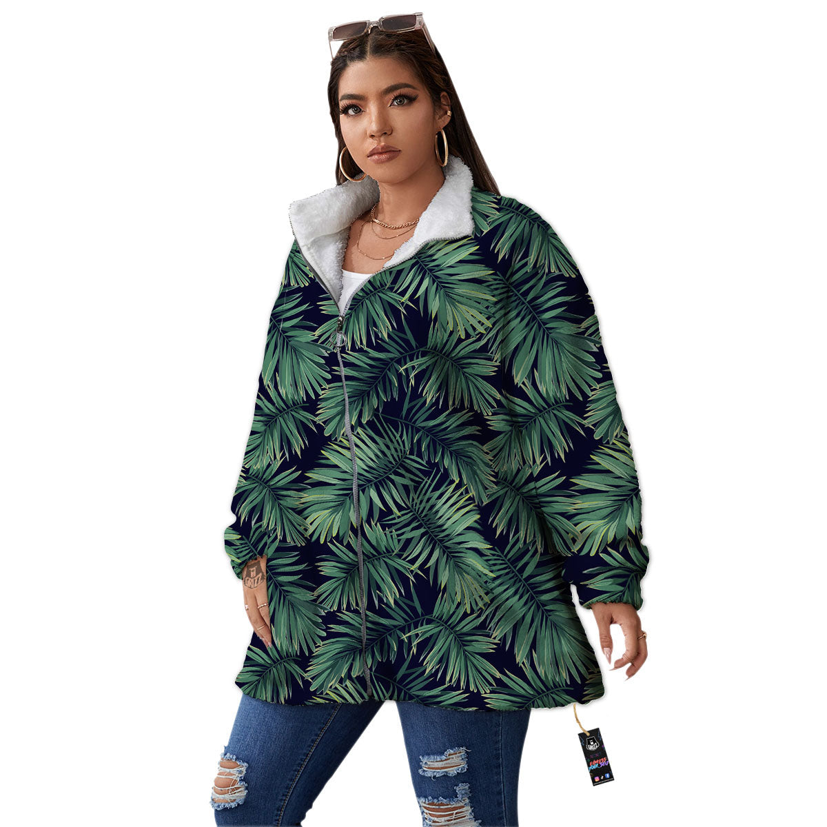 Dark Green Palm Tree Print Pattern Women's Sherpa Jacket-grizzshop