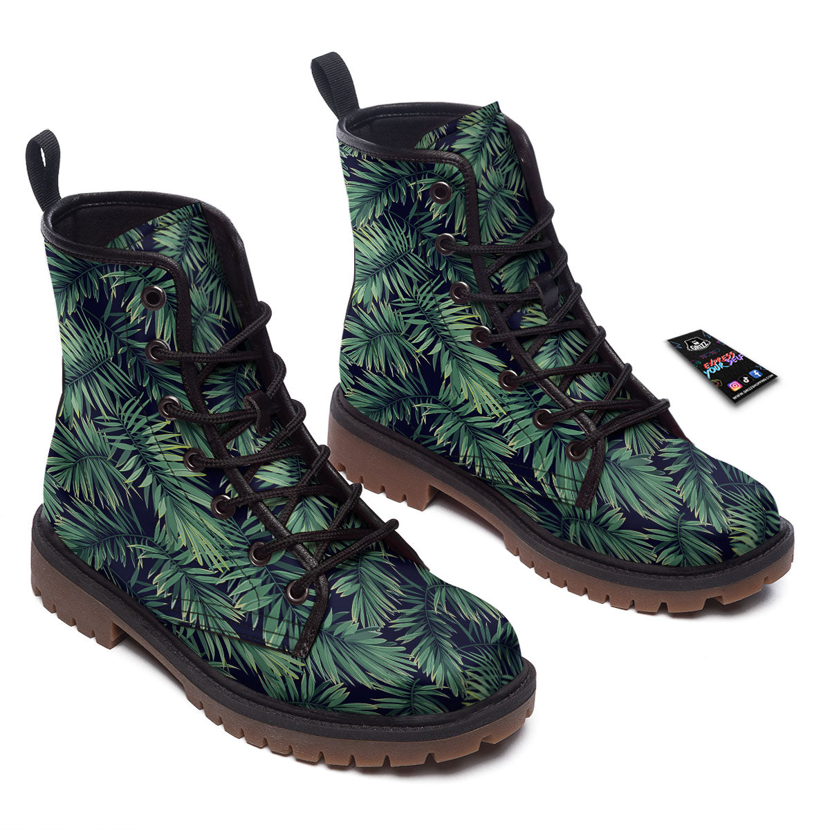 Dark Green Palm Tree Print Pattern Work Boots-grizzshop