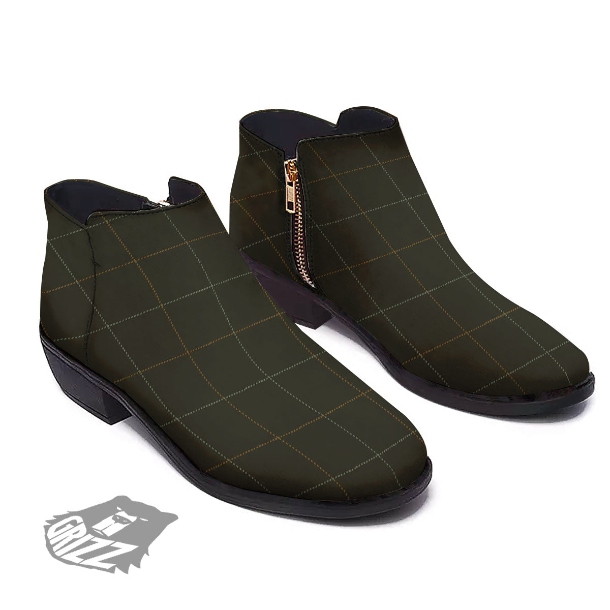 Dark Green Tattersall Print Pattern Ankle Boots-grizzshop