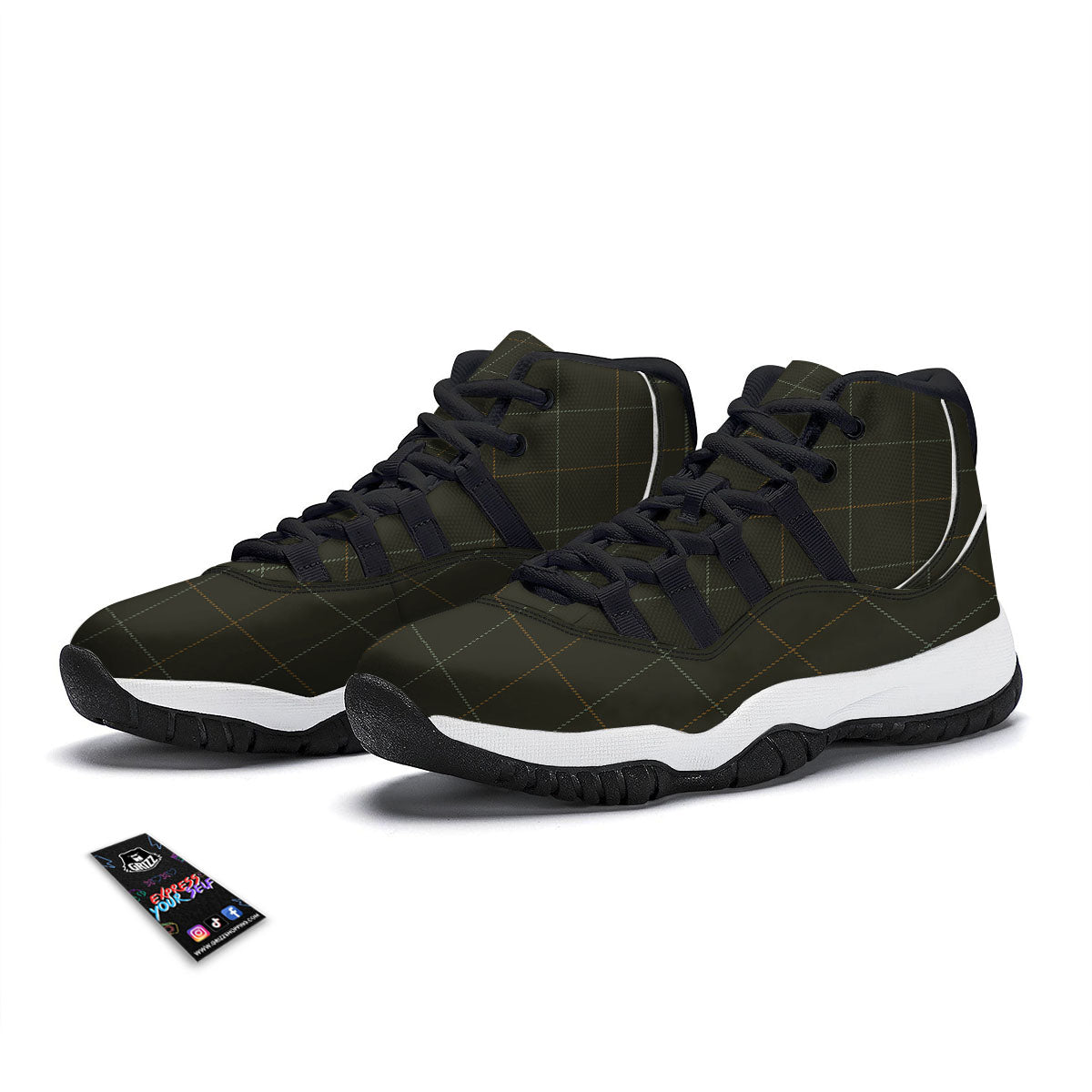 Dark Green Tattersall Print Pattern Black Bball Shoes-grizzshop