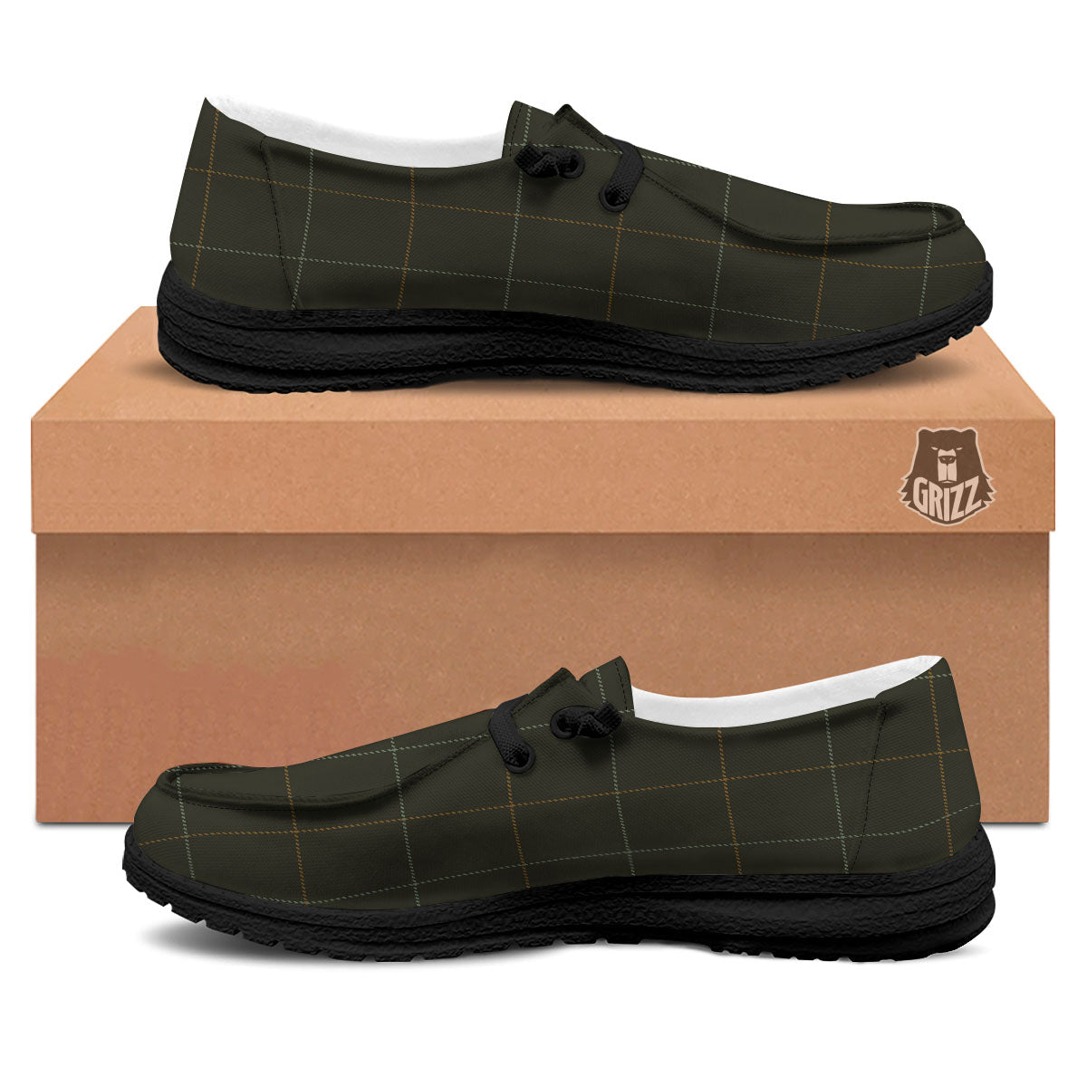 Dark Green Tattersall Print Pattern Black Loafers-grizzshop
